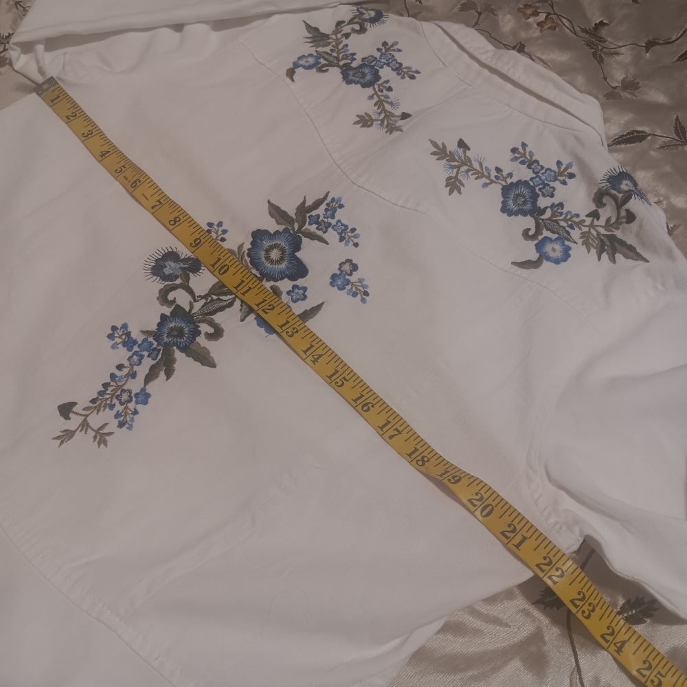 Boho Embroidered Top Floral Denim Women White SzL‎ High-Low - Picture 9 of 15